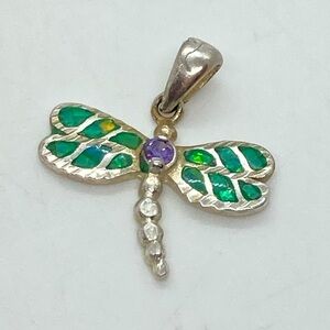 Vtg Sterling Silver Green Opal & Purple CZ  Dragonfly Pendant | 1” x .9”
